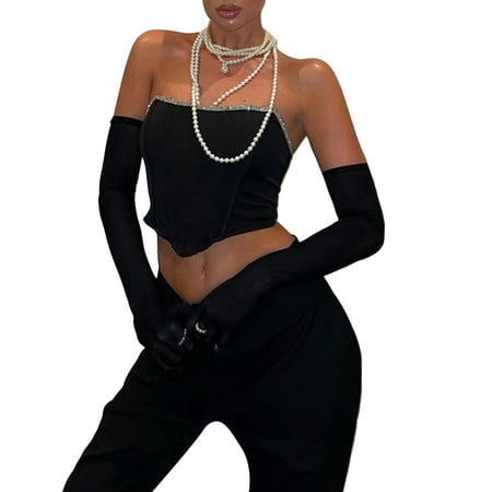 

Women Diamond-Studded Crop Tube Tops Sexy Strapless Wrapped Corsets With Oversleeve Party Clubwear