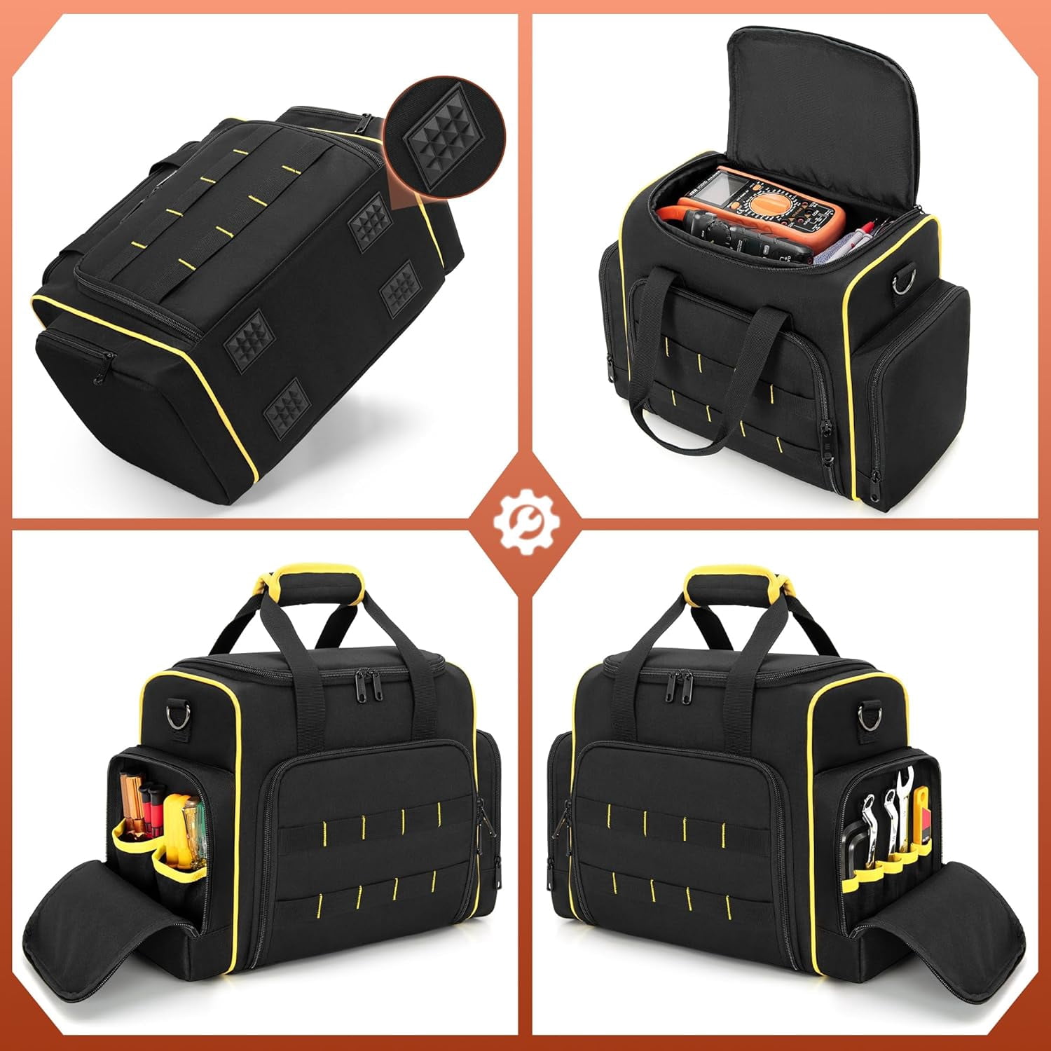 Tool Bag with 3 Removable Cases, 2 Layers Tool Tote for Hand Tools, Black with Yellow Binding