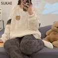 thumbnail image 3 of SUKAE HQ-Conjunto de Pijamas térmicos de terciopelo grueso chino para mujer, ropa de dormir de manga larga, oso rosa, Preppy, coreano, Invierno, 3 of 5
