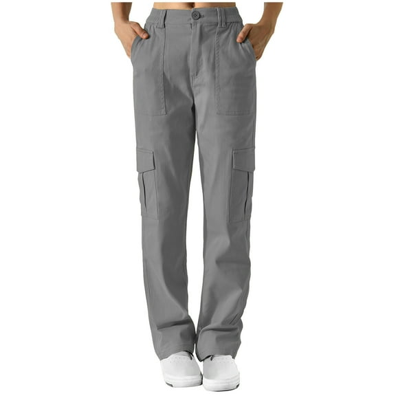 IROINNID Pants for Women Cargo Solid Sports Wide Leg Button Waist Loose Fit Casual Pants with Pockets,Gray