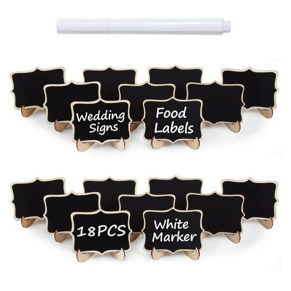 18 PCS Mini Chalkboard Signs with Easel Stand, Wooden Blackboard Labels for Wedding Celebration, Name/Place Cards, Food Labels for Party Buffet, Reusable Signs/Message Boards/Table Numbers etc.