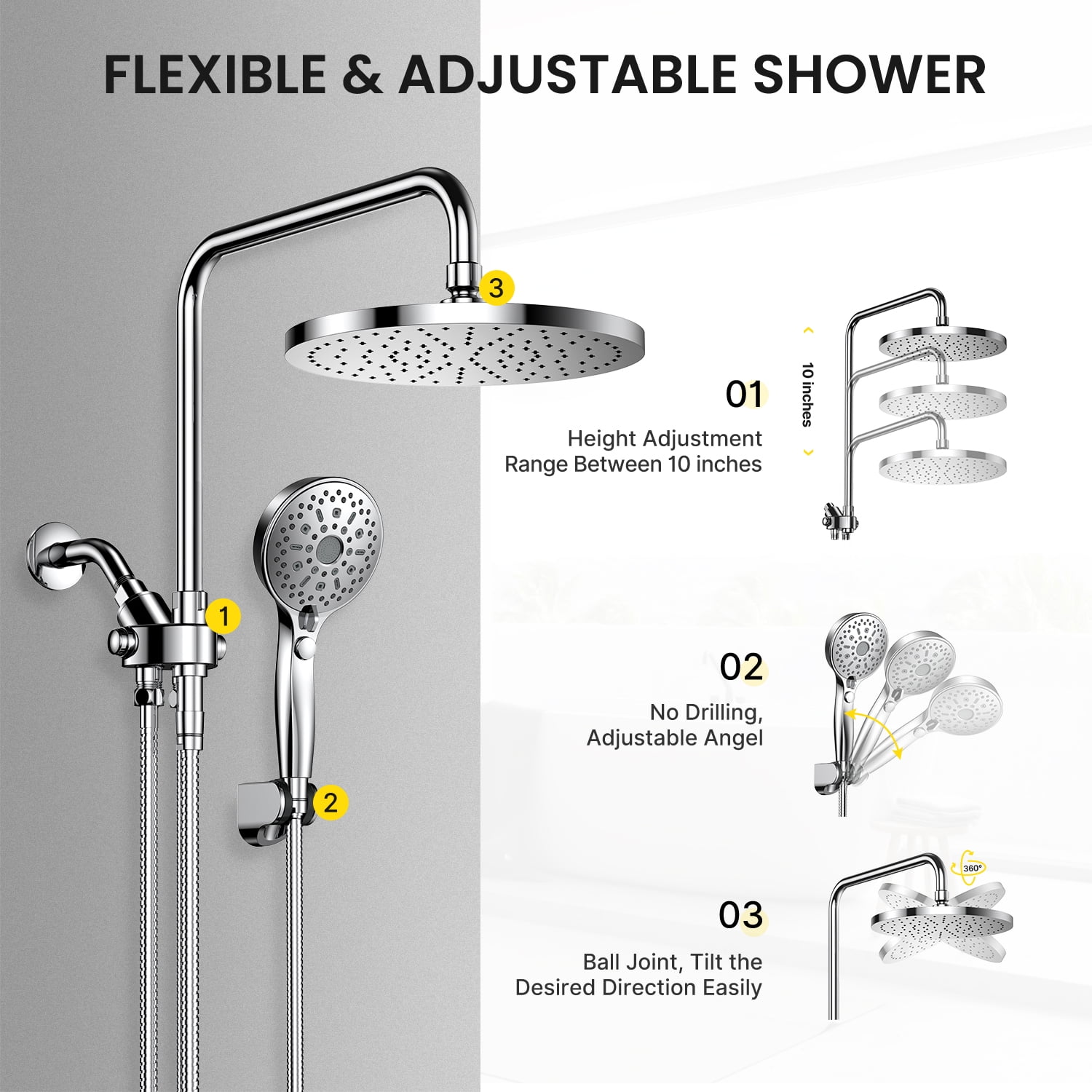 iDOO Luxury Dual Showerhead Combo, 10" Rainfall Shower Head & 5" Handheld Shower Head