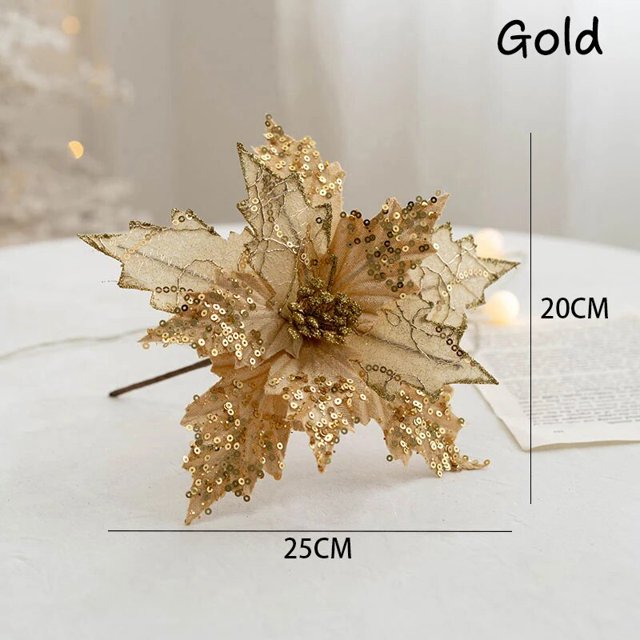 Flores artificiales de Navidad con purpurina, decoraciones para árboles de Navidad, adornos navideños falsos para el hogar, decoraciones de Año Nuevo, 1 unidad