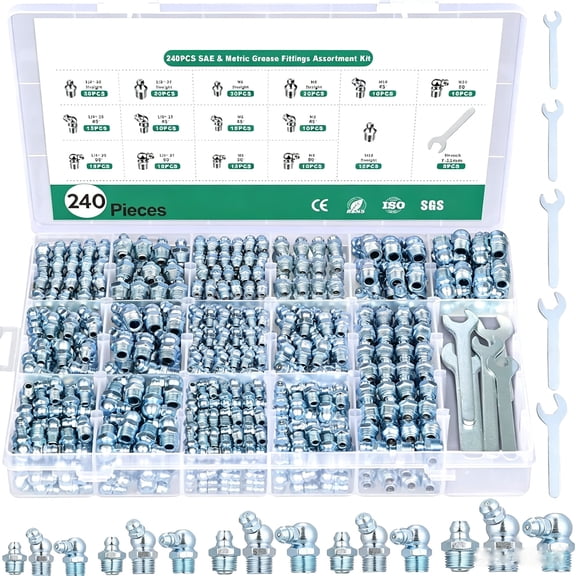 SAE & Metric Grease Fittings Assortment, 240PCS Grease Zerk Fittings NPT 1/4" 1/8" M6 M8 M10 Straight 45 90 Degree Grease Nipples with Wrench Kit for Grease Gun