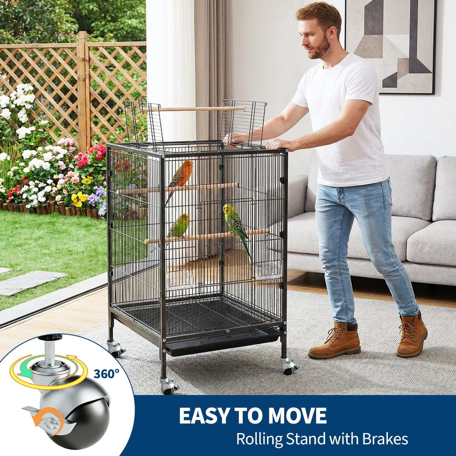 35in H Bird Cage with Open Play Top, Heavy Duty Metal Flight Cage on Rolling Stand – for Parakeets, Canaries, Lovebirds, Small Quakers, Cockatiels, Budgies, Easy Assembly & Cleaning