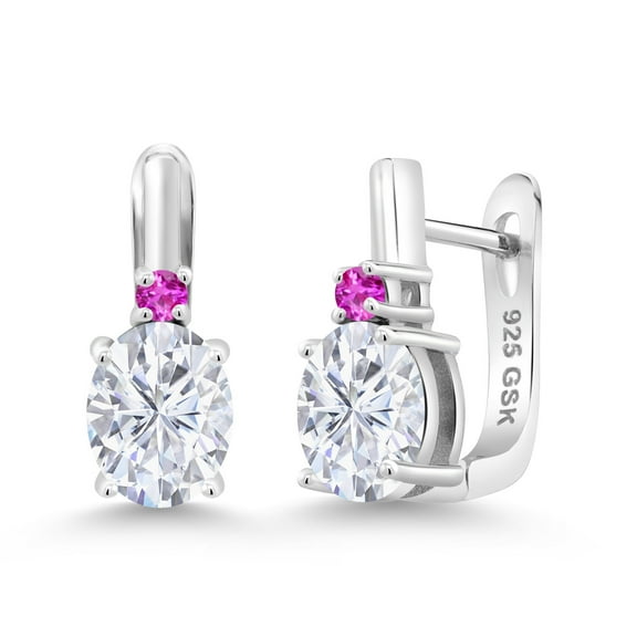 Gem Stone King 925 Sterling Silver White Moissanite and Pink Sapphire Earrings for Women (4.30 Cttw, Gemstone, Oval 9X7MM)