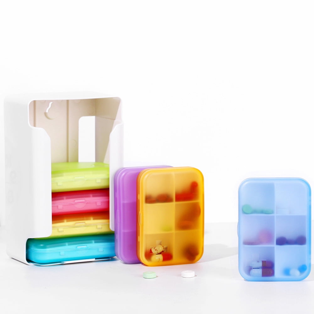 7 Piece Set Pill Organizer 6 Times a Day, Weekly Pill Case, Pill Organizer with Labels, Travel Pill Dispenser 7 Day with 42 Copartments for Medication/Vitamin/Fish Oil/Supplements - Rainbow Colors