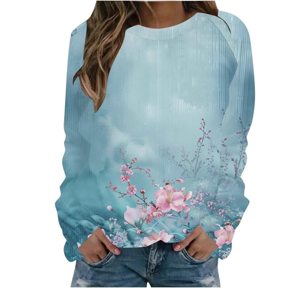 Raeneomay Long Sleeve Shirts for Women Womens Casual Long Sleeved Round Neck Hooded Printed Shoulder SweatShirt