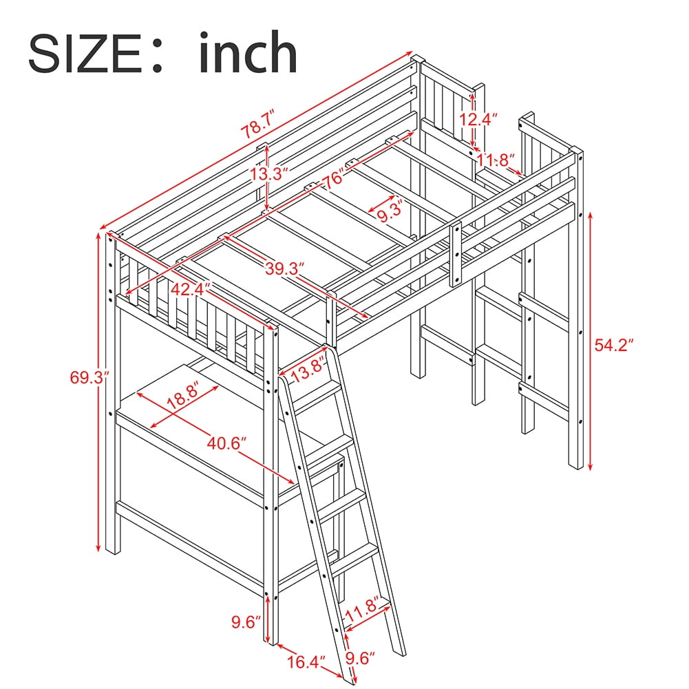 Kadyn Wood Loft Bed with Desk and Two Ladders, Twin Size Bunk Bed(Gray) Kadyn Wood Loft Bed with Desk and Two Ladders, Twin Size Bunk Bed(Gray)