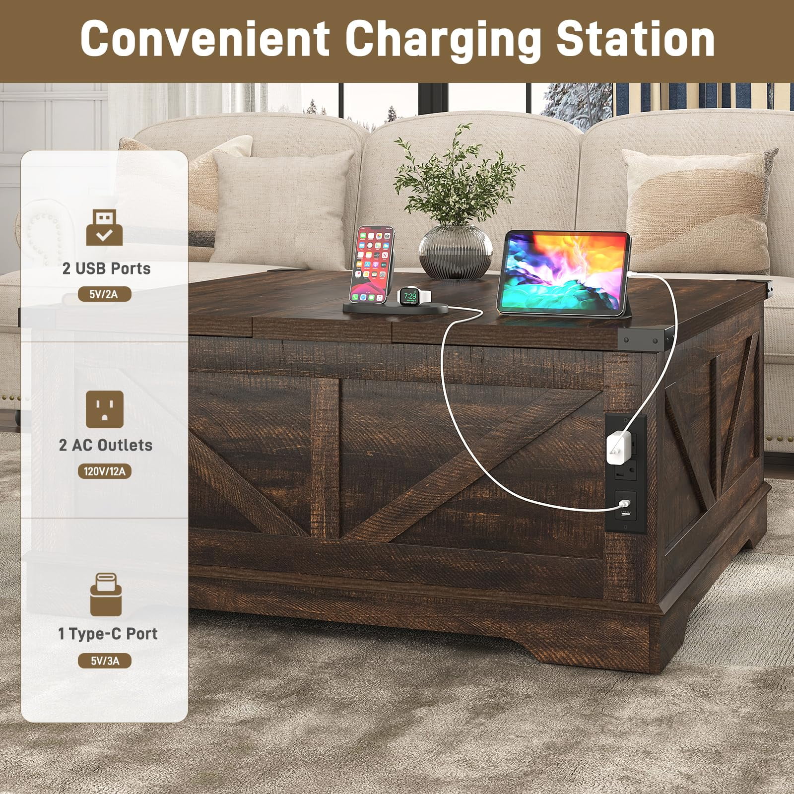 40" Large Farmhouse Lift Top Coffee Table with Power Outlets, Square Wood Living Room Table with Large Hidden Storage, Multi-Function Lift Wooden Barn Door Center Table, Brown