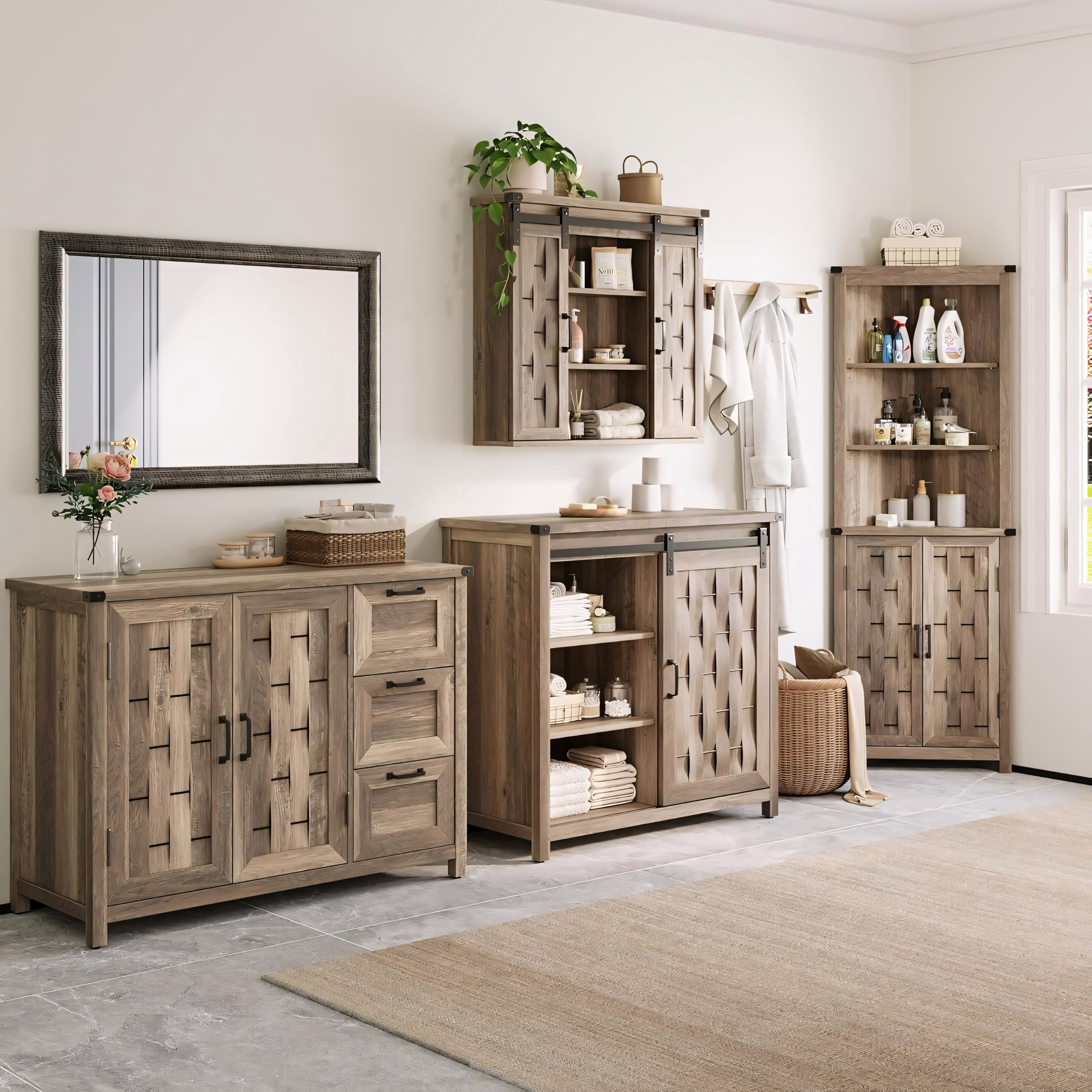 Caffoz 31 Inch Farmhouse Sliding Barn Door Medicine Cabinet Adjustable Shelves Light Brown