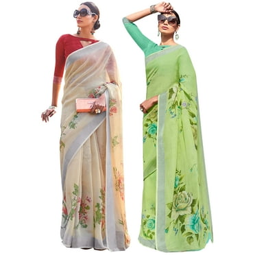 Pack of Two Saree for Women Printed Cotton Silk Indian Wedding Sarees | Diwali Gift Ethnic Sari Combo