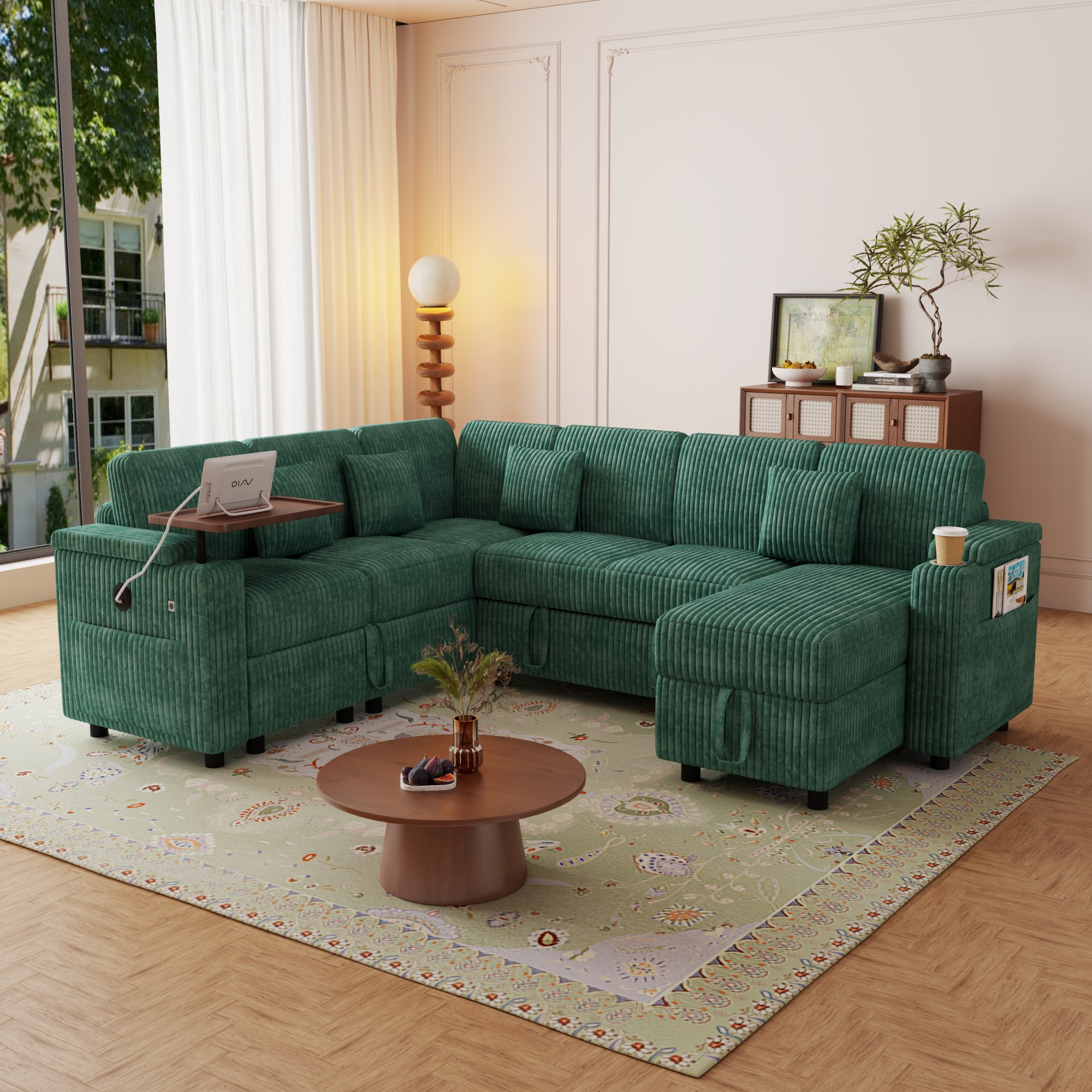 BSHTI 100" Corduroy U‑Shaped Convertible Pull‑Out Sofa Bed with USB Ports, Desk & Cup Holder for Living Room,(Green)