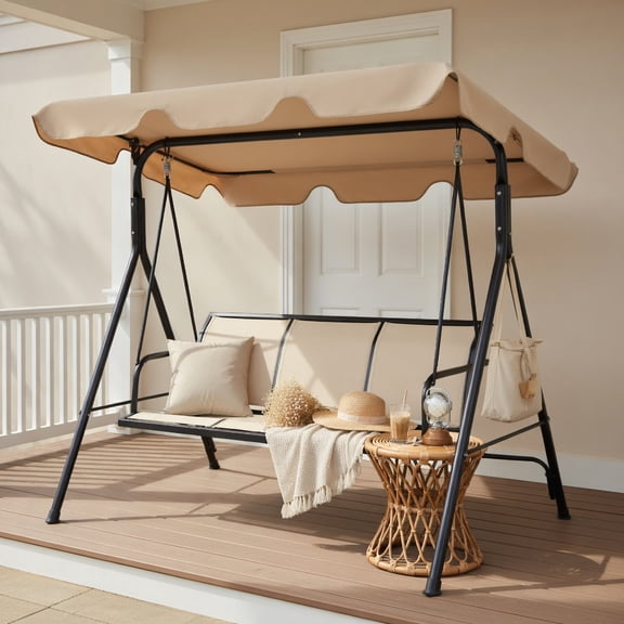 Resenkos Porch Swing, 3 Person Steel Frame Patio Swing with Polyester Angle and Adjustable Canopy-Brown, Hanging Outdoor Porch Swings for Garden, Backyard