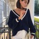 thumbnail image 5 of Suéteres de Cuello en V para Mujer, Jerseys de Punto Ligeros de Larga, Tops Azul Real Oscuro M, 5 of 7