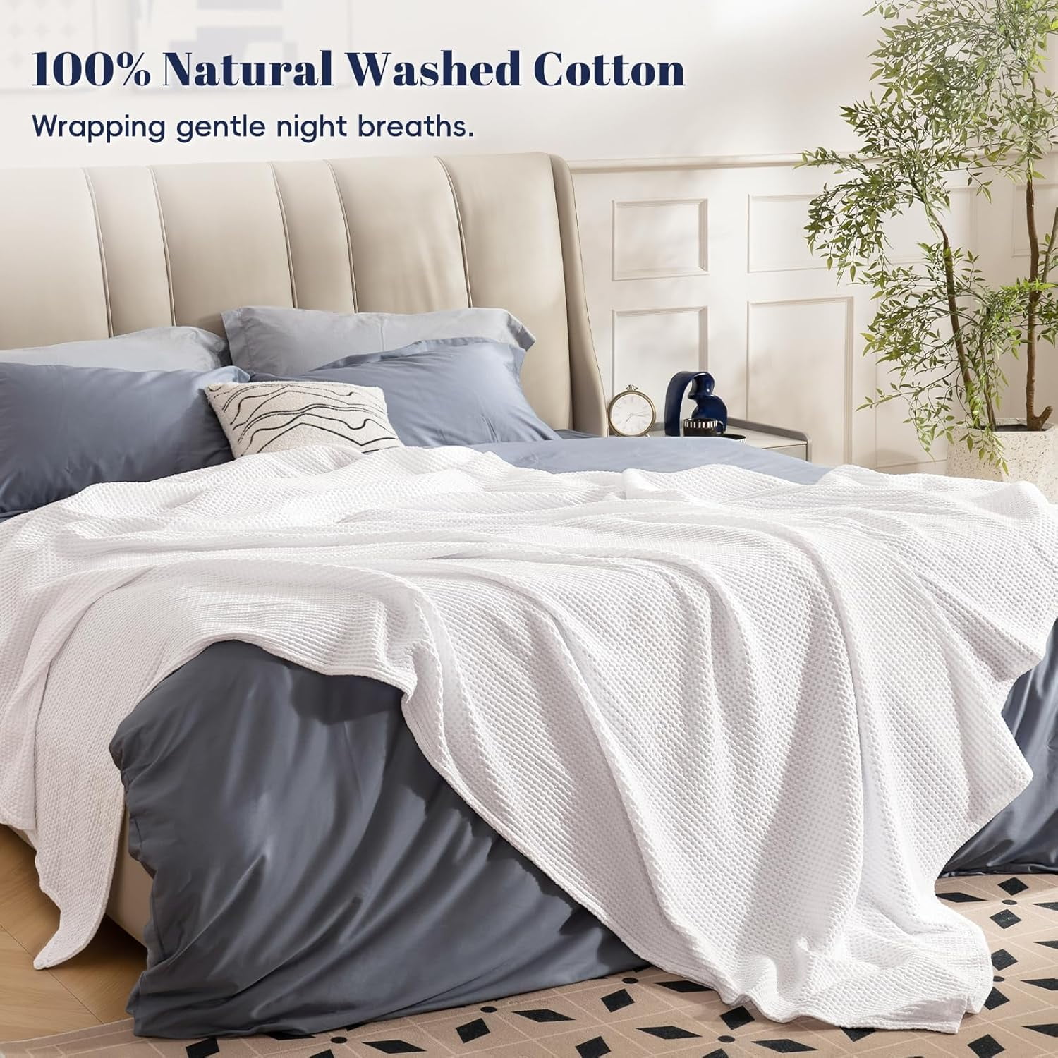 PHF Cotton Waffle Weave Blanket King Size for Bed, Lightweight Breathable Blanket for Couch, Home Decor Gift, White, 104"x 90"