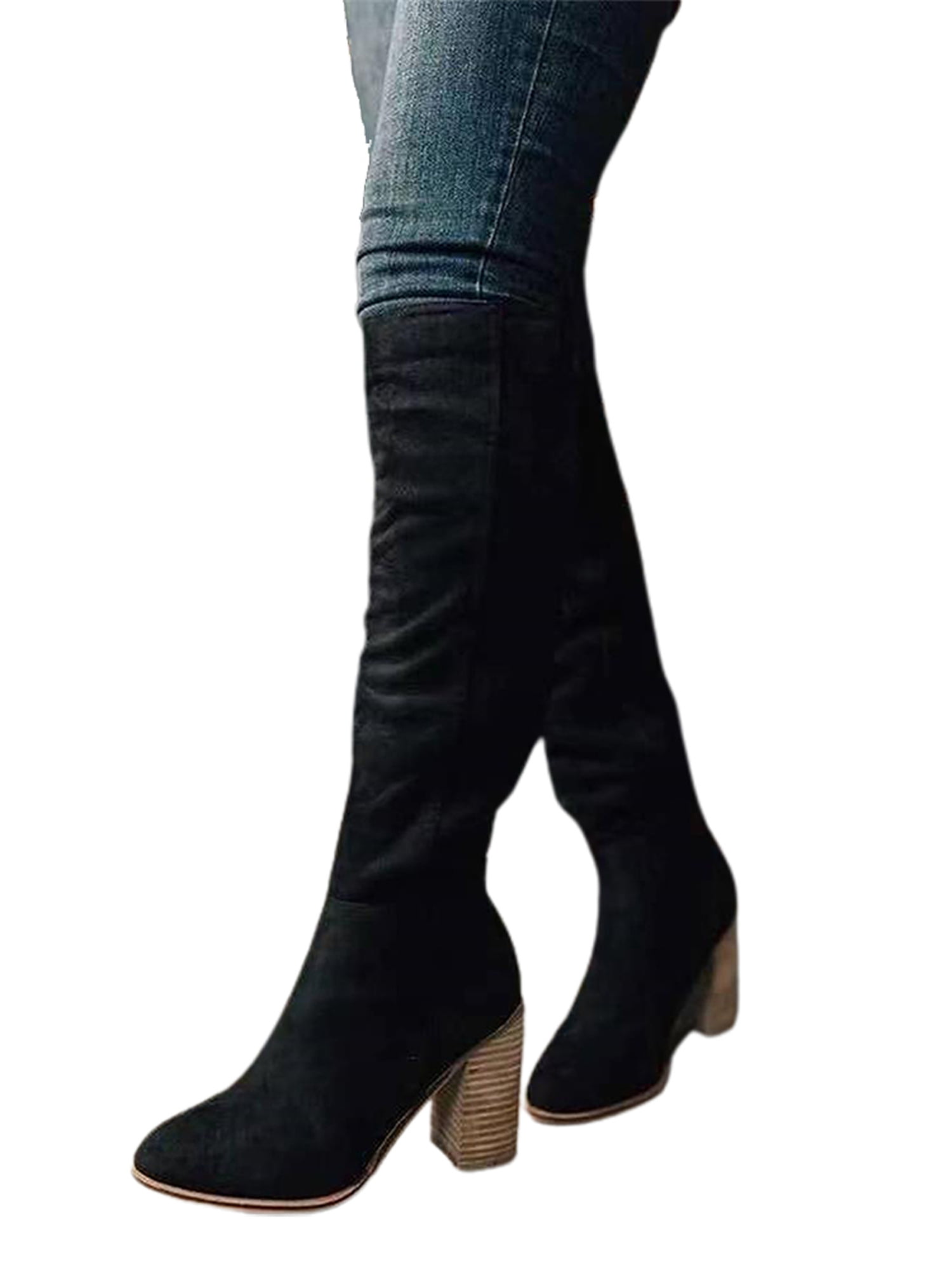 NEW Women's Thigh High block Heel Boots suede finish Ladies Girls size3-8 