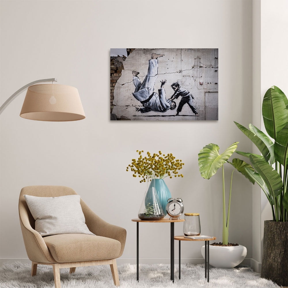 Banksy Judoka 3D Canvas, Handmade Gift, Painting Poster, Judoka Graffiti Wall Hanging, Banksy Boy Art Canvas, 8D Canvas, Decor Canvas(40" W x 30" H，Framed)