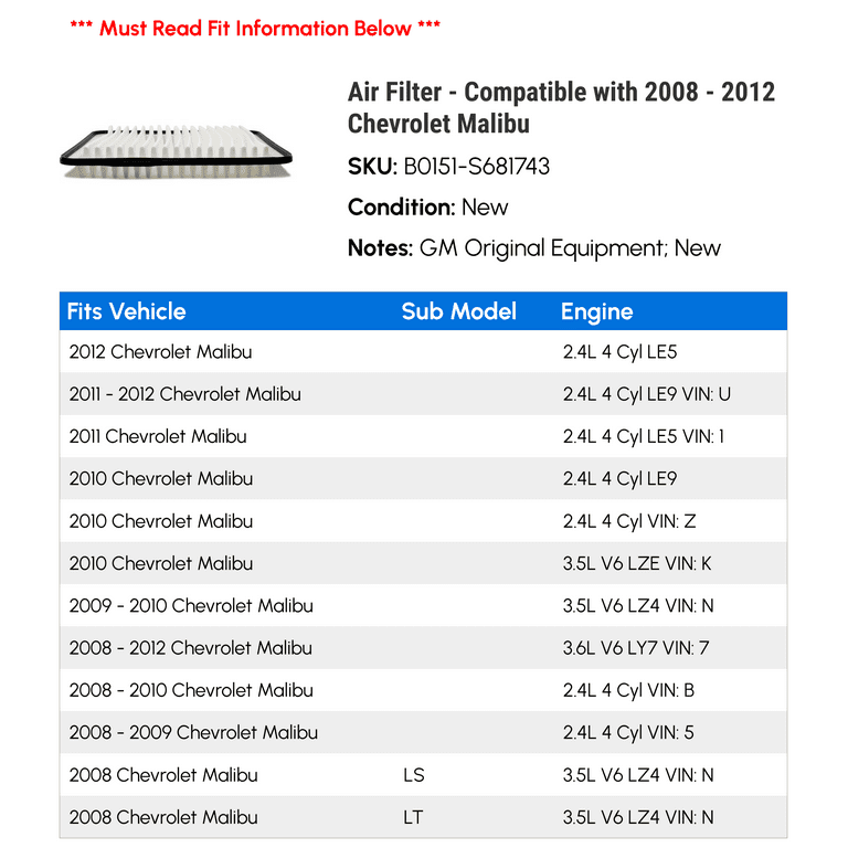 Air Filter Compatible with 2008 2012 Chevy Malibu 2009 2010 2011