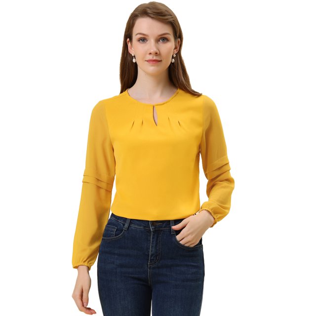 INSPIRE CHIC Women's Work Chiffon Keyhole Neck Elegant Top Yellow XL