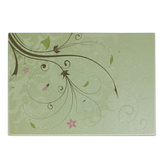 Green and Brown Cutting Board, Floral Arrangement with Swirls Lines Petal Buds Abstract Bouquet, Decorative Tempered Glass Cutting and Serving Board, Small Size, Pale Green Brown Pink, by Ambesonne