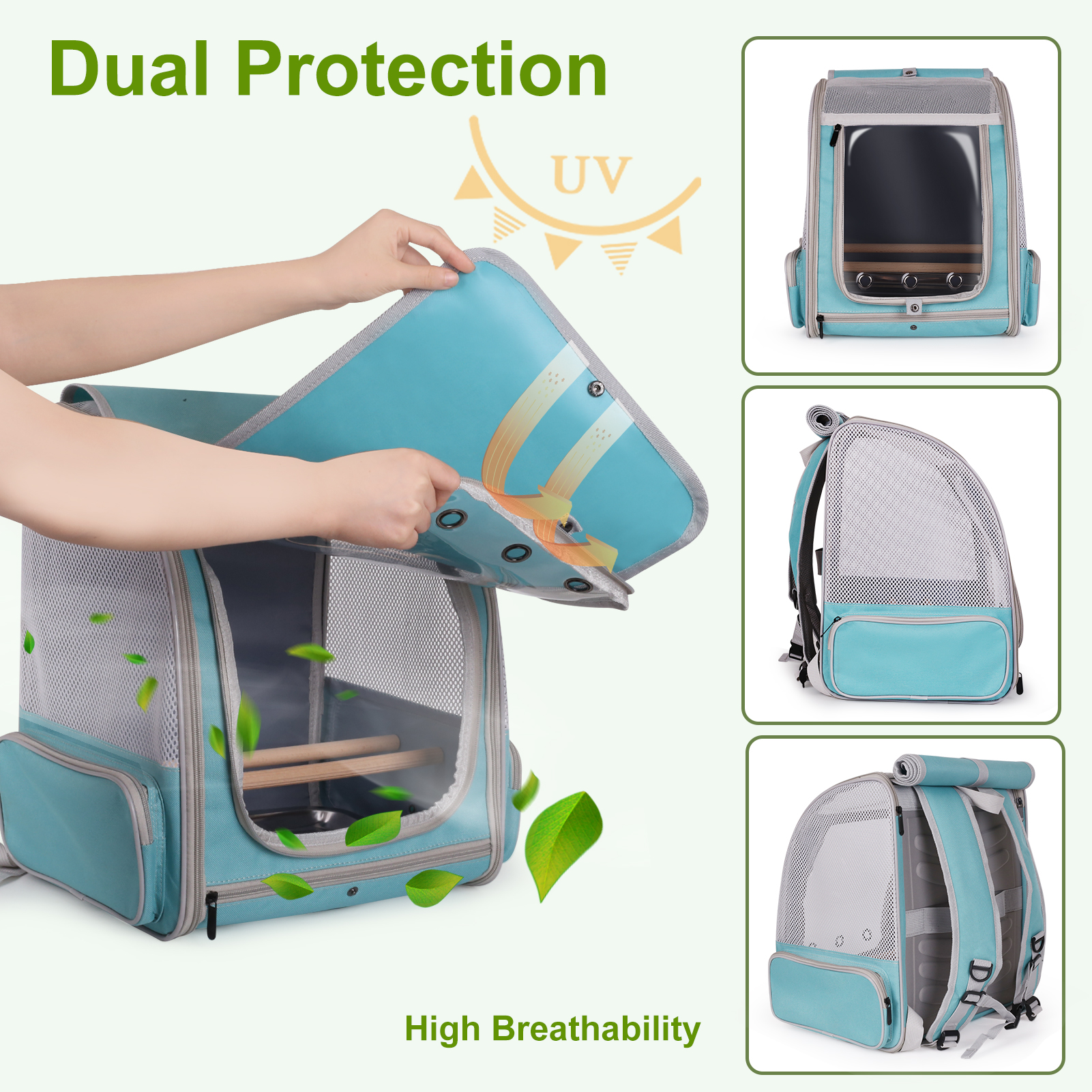 Halinfer Breathable Bird Carrier Backpack with Standing Perches and Metal Tray, Green