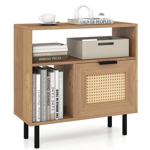 Patiojoy Modern Nightstand Boho Rattan Side End Table w/ Open Storage Shelf & Cabinet