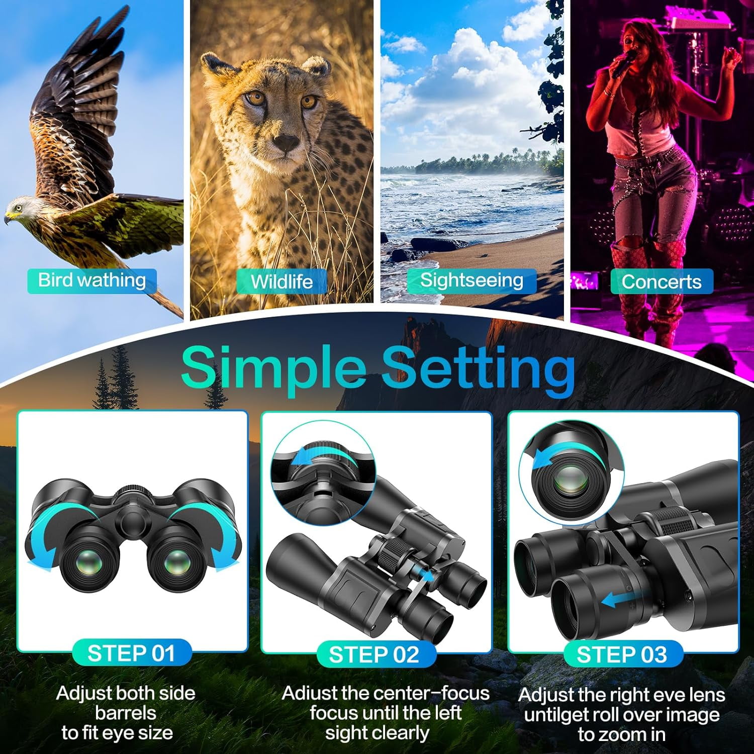 Juyafio 12x50 Binoculars for Adults,HD Binoculars with Low Light Night Vision, Clear FMC BAK4 Prism Lens, Binoculars for Hunting Birds Watching Traveling Stargazing Outdoor Sport, Blue