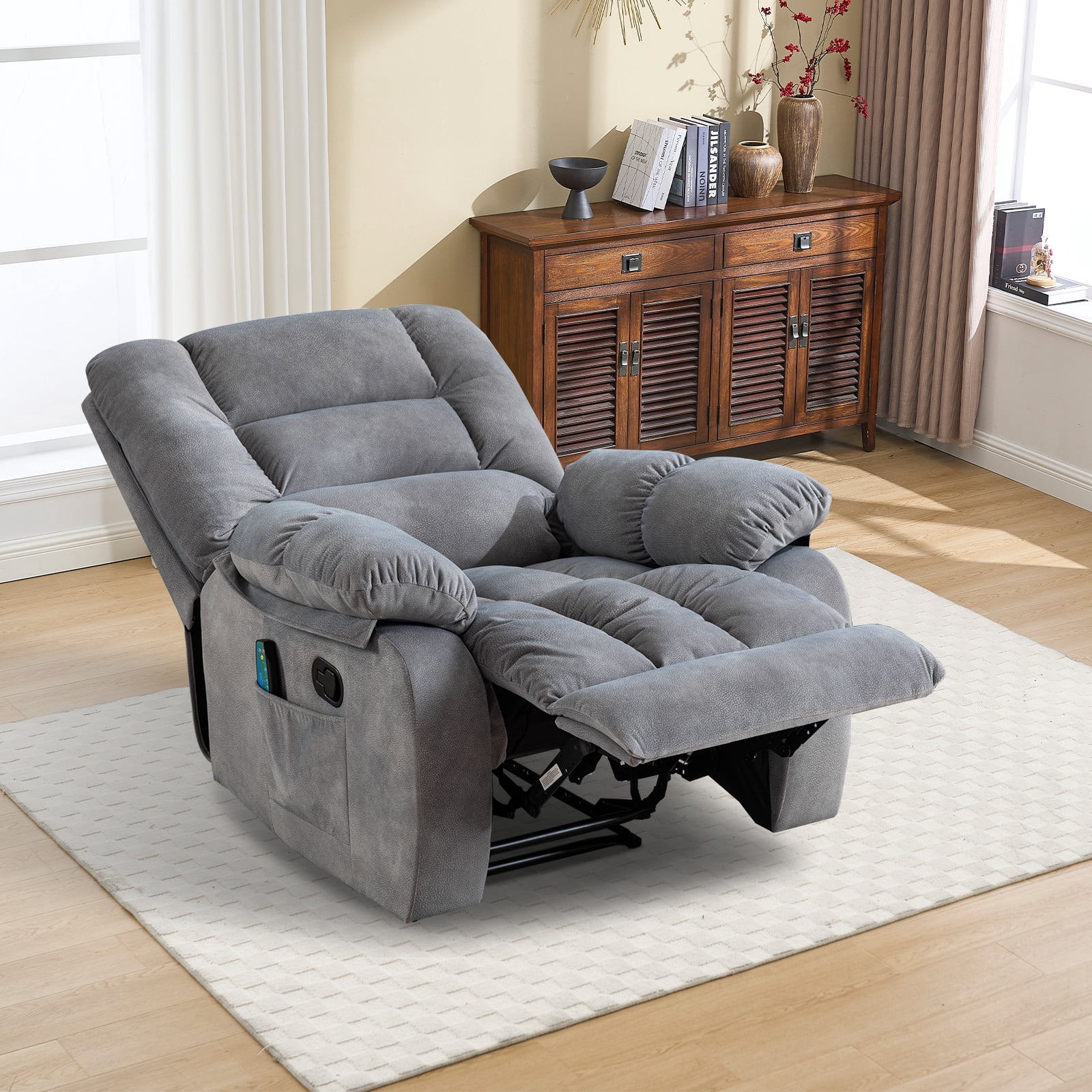 Bonzy Home Manual Recliner Chair with Massage and Heat Overstuffed Fabric Metal frame Manual Reclining Chair Sofa for Living Room