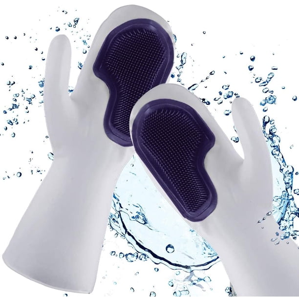 Guantes con Fregador, Guantes para Lavavajillas, Guantes de Limpieza Reutilizables con Cepillo de Limpieza, Protección de Manos y Resistentes al Calor, para Cocina Baño (Azul) JFHHH pequeña