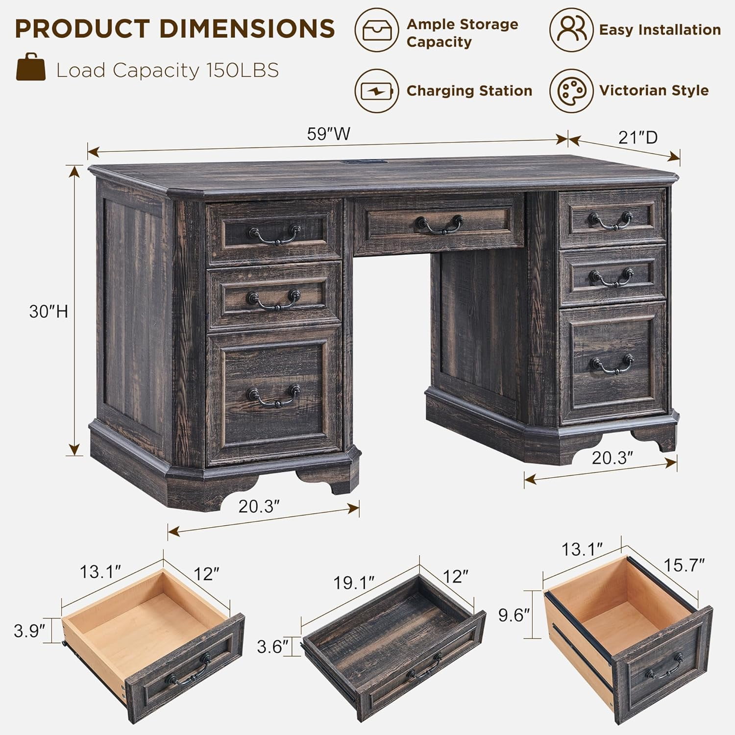 OKD 59" Farmhouse Office Desk，Rustic Desk - Engineered Wood，Corner Desk Charging Station，File drawer，For Study & Living Room Use
