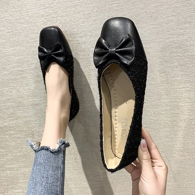 Zapatos planos de otoño para mujer, bailarina con punta cuadrada y lazo, cómodos, poco profundos, suaves, informales, zapatos planos a juego de colores 35 Gao Jinjia LED