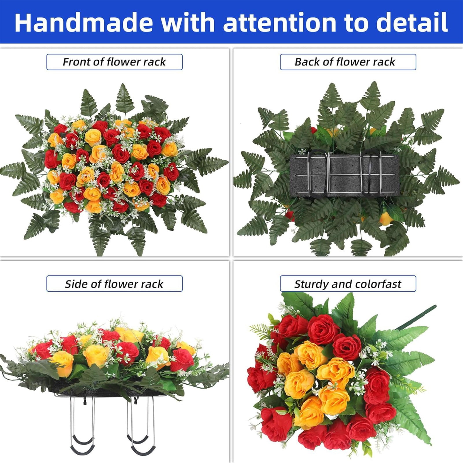 Large Artificial Headstone Flower Saddle for Graves, White Cemetery Memorial Flowers for Outdoor Tombstone Decorations,Peacock Blue 67*34cm