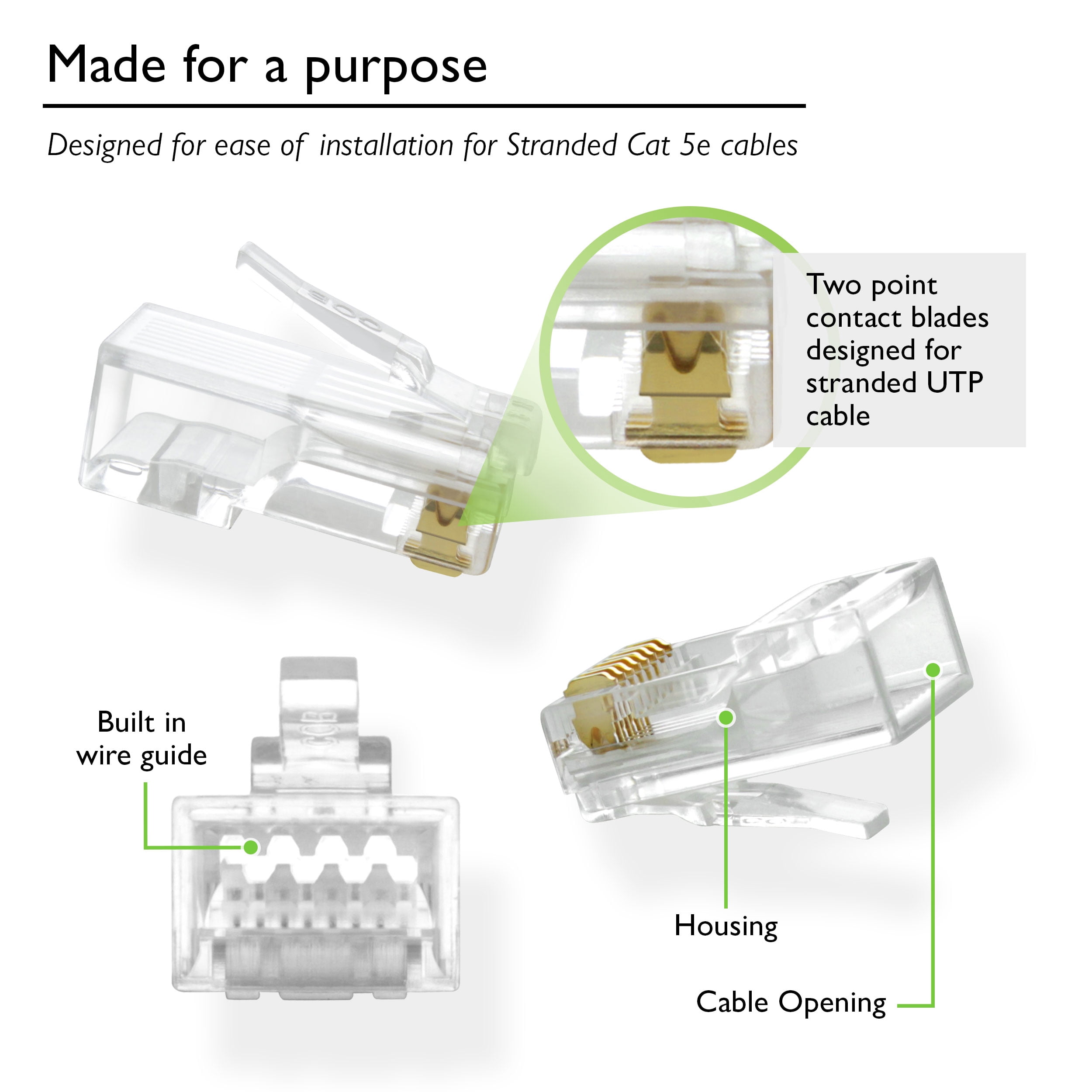 GearIT 100-Pack Cat5e RJ45 Modular Plug for Stranded UTP Cat 5e Network Cable 50u Gold-Plated Contacts Crimp Connector