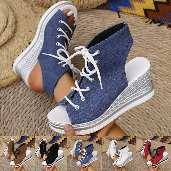 GERsome Wedge Heels Open Toe Sandals for Women Lace-Up Comfort Flatform Summer Dress Sandals, Light Blue Size 5.5