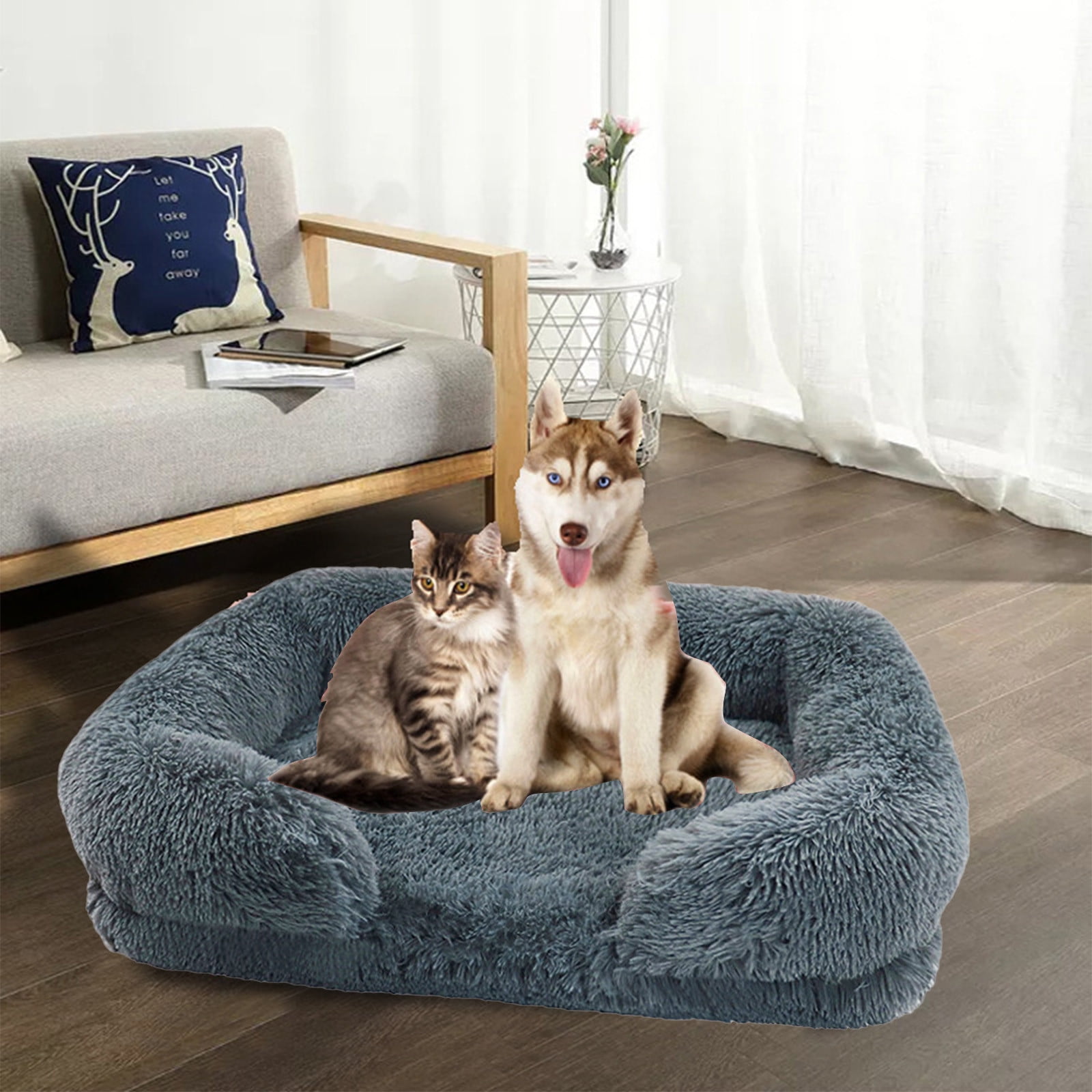 Calming Dog Bed for Medium Dogs, Fluffy Soft Cozy Cat Bed, Faux Fur Anti-Anxiety Plush Donut Cuddler, Washable Pet Bed for All Seasons, Dark Gray