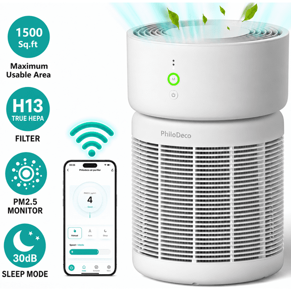 PhiloDeco Large Room Air Purifier for Home up to 1500 Sq Ft, Smart WiFi HEPA Air Cleaner with PM2.5 Display, Auto Pet, And Sleep Mode, Effectively Removes Dust, Pollen, And Wildfire Smoke