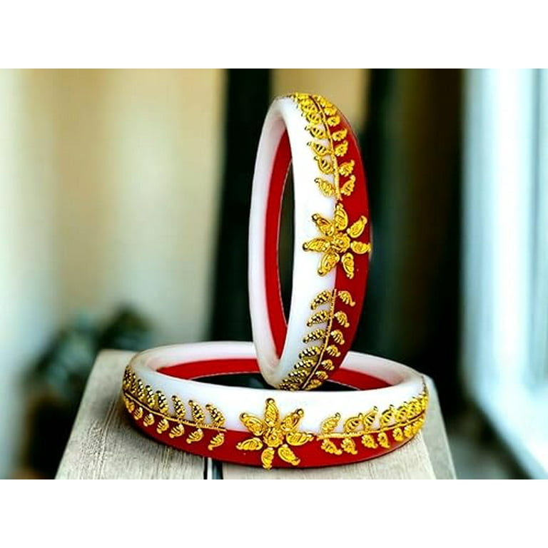 Maya Vera Indian Handcrafted Set of 2 Gold Plated Shakha Pola Plastic Copper Bengali Bangles Bollywood Designer Jewelry Bangle Bracelets in Gold Tone