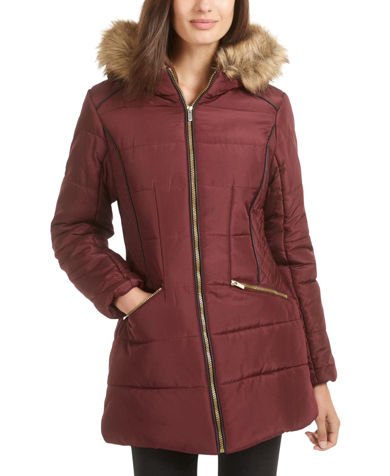 CELEBRITY PINK Womens Burgundy Faux Fur Pocketed Zippered Puffer Winter Jacket Coat S - image 2 of 3