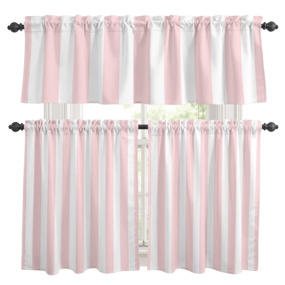 Pink and White Striped Kitchen Curtains and Valances Set, Gradient Rod Pocket Window Valance Window Curtain Panels for Living Room Bedroom Laundry, 27.5x36in, 3 Pieces