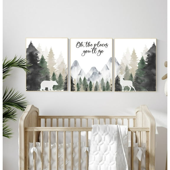 UNFFRAMED Nursery Decor Woodland, Mountain Wall Art, Tree Nursery Decor, Adventure Theme Nursery, Forest, Sage Green, Beige, Woodland Animals #57 Set 3 Prints 8x12