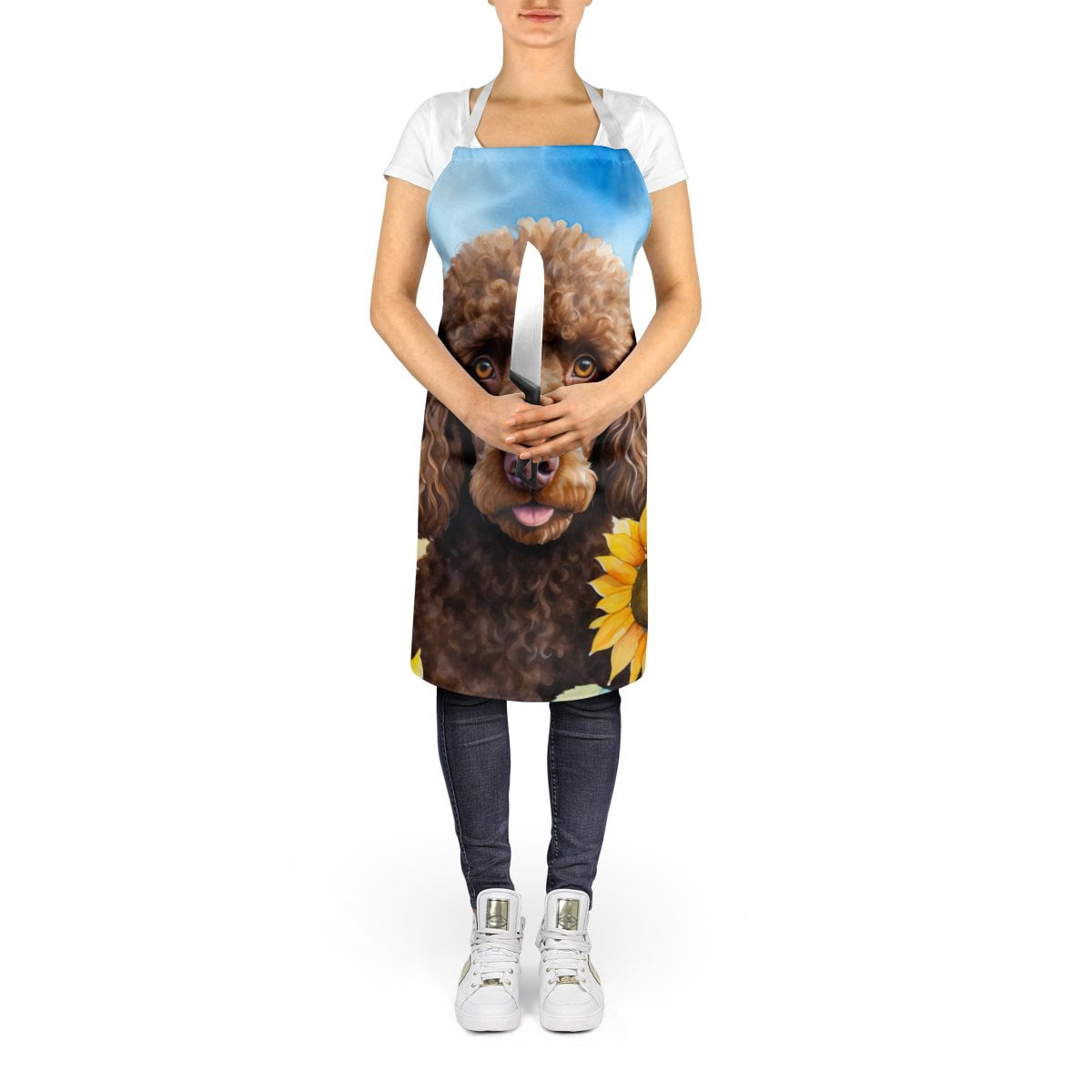 Chocolate Poodle in Sunflowers Apron 27 in x 30 in