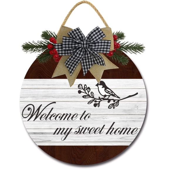 Eveokoki 12" Welcome to Our Sweet Home Sign for Front Door Farmhouse Porch Rustic Round Wooden Hanging Wreaths for Housewarming gift, Christmas Festival Decoration Wall Decor Outdoor Indoor