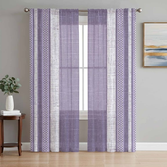 Sheer Curtain Panels Lavender Linen Stripes Rod Pocket Voile Window Curtains Striped Lines Textured Window Treatments Privacy Curtain Drapes for Bedroom Living Room 2 Panel Set 63 Inch