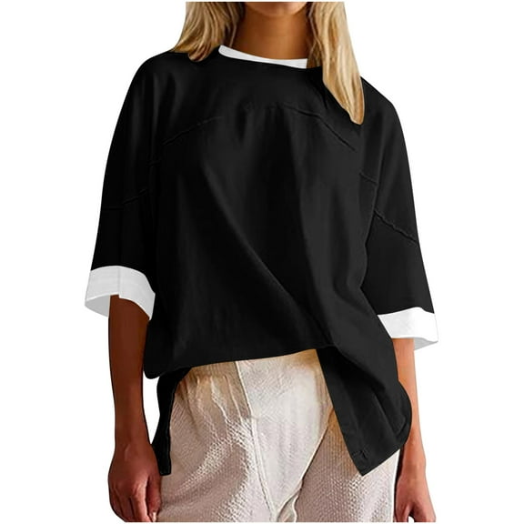 JGGSPWM Women's Short Sleeve Oversized Color Block Crew Neck Casual Tee Tops Shirts Black L