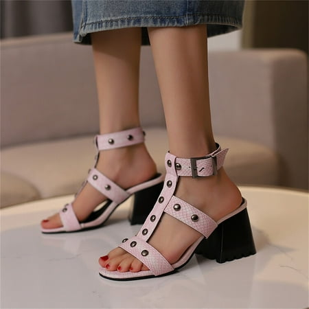 

ZHELIYO Women s sandals Ladies Fashion Snakeskin Leather Hollow Open Toe Metal Decorative Thick High Heel Buckle Roman Sandals Pink 7.5