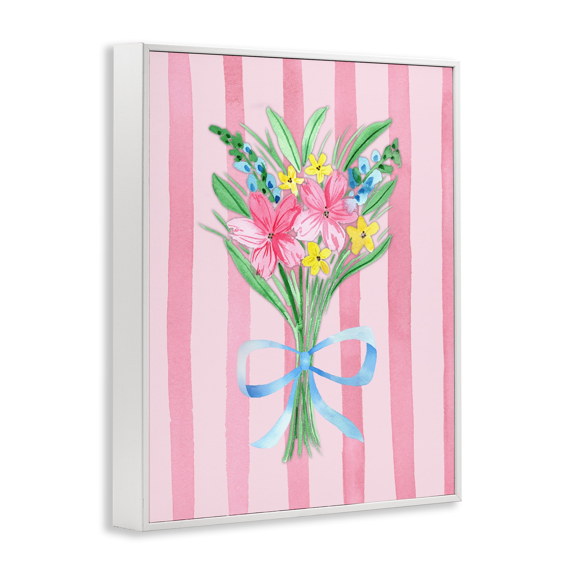 Spring Bouquet & Bow Stripes White Framed Giclee Art, design by Nina Jacobs