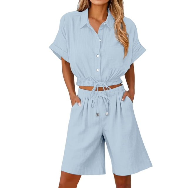 Summer Clothes for Women Linen Short-Sleeve Button Set