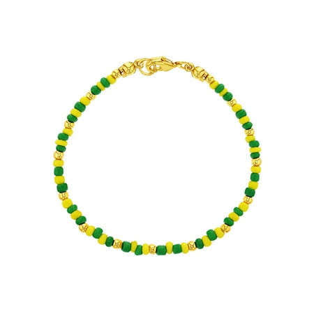 - 14k Gold Plated Green Yellow Beaded Santeria Babalawo Unisex Orula Bracelet