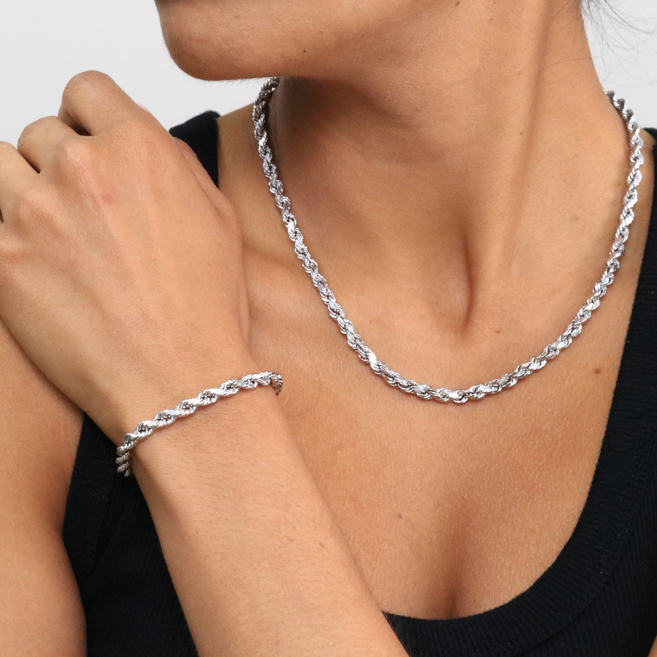 Nuragold 10K Real White Gold Rope Diamond Cut Chain Bracelet 7"-9" (2mm-5mm) Italian Jewelry for Men & Women